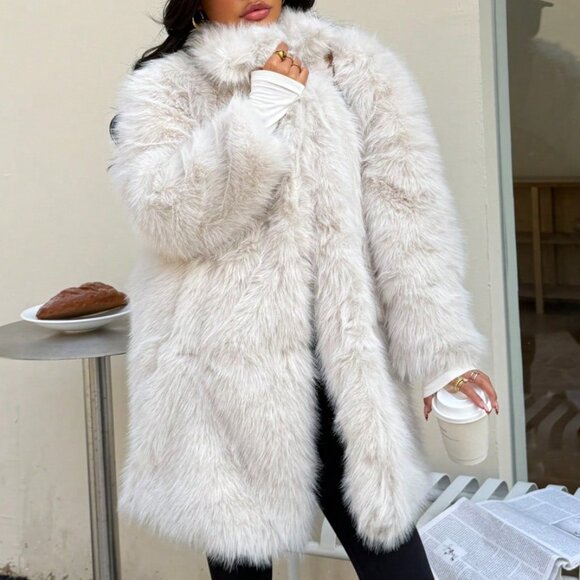 Beige Casual Women's Oversized Faux Fur Coat - Picture 4 of 9